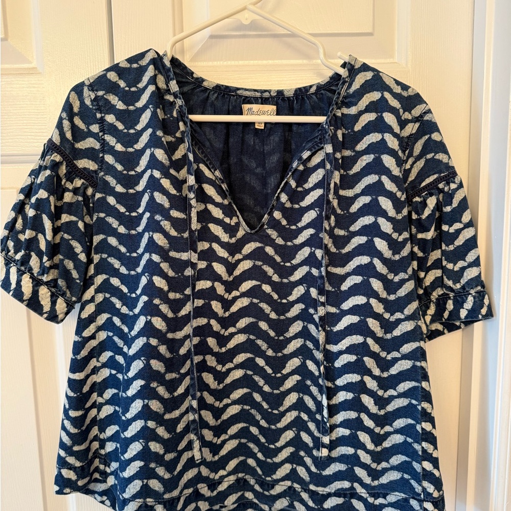 Madewell Blue and White Boxy Puff Sleeve Blouse